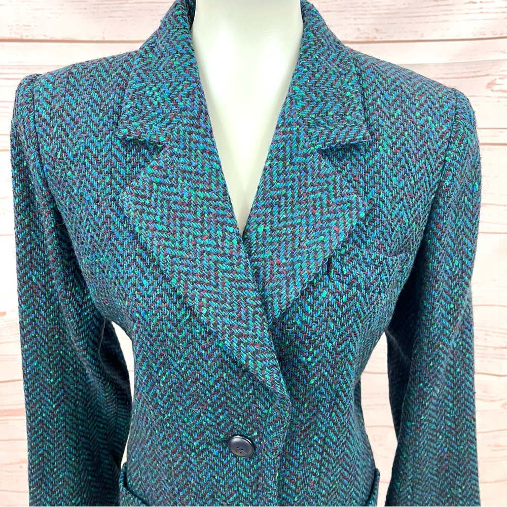 Vintage 80s 90s Saint Laurent Rive Gauche Teal Confetti Tweed Herringbone Blazer - Picture 3 of 11